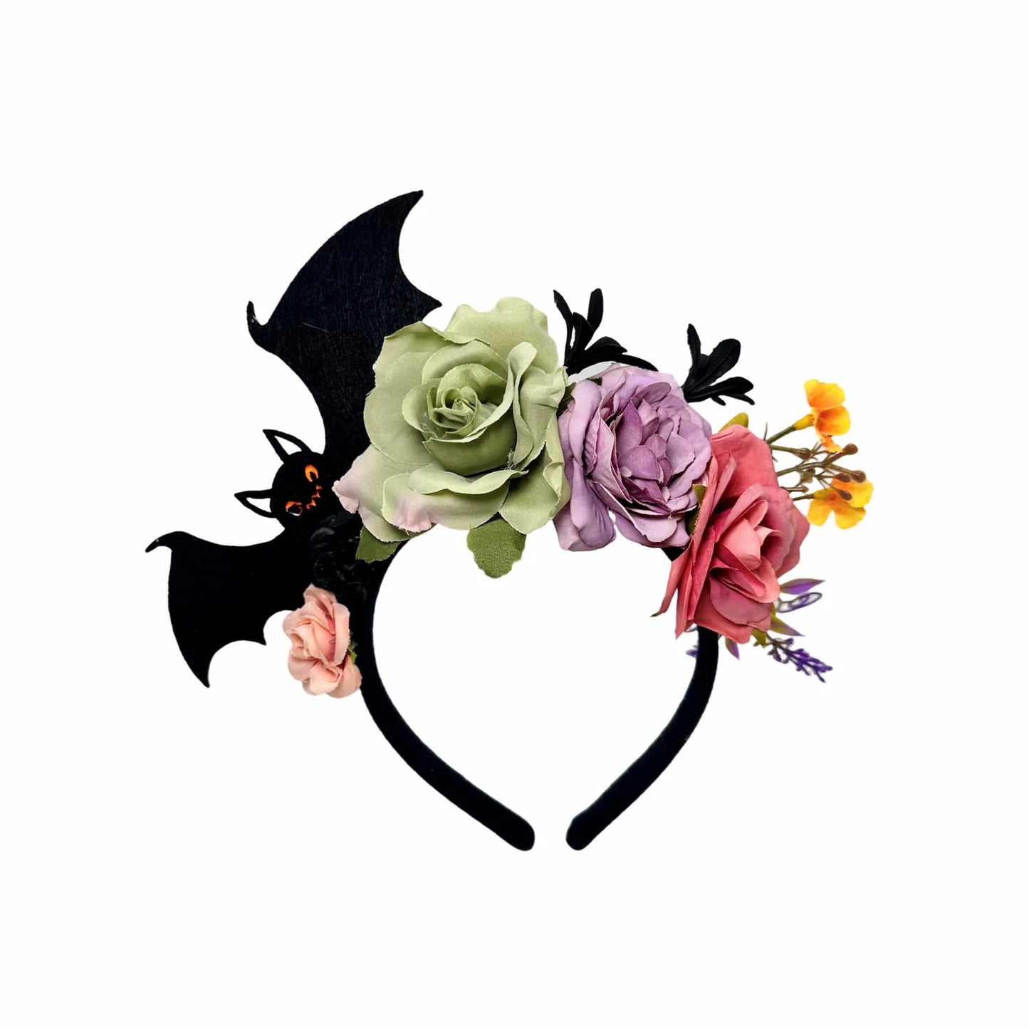 Tiara de Halloween morcegos aranhas rosa halo flores coroa cabeça gótica rosa morcego