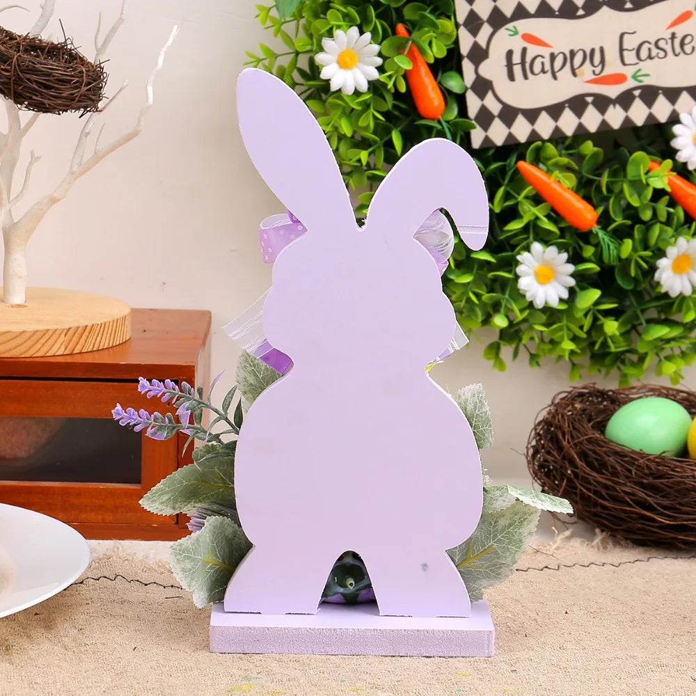 Placa Coelho Páscoa decorativa de mesa em madeira com laço em formato flor decoração