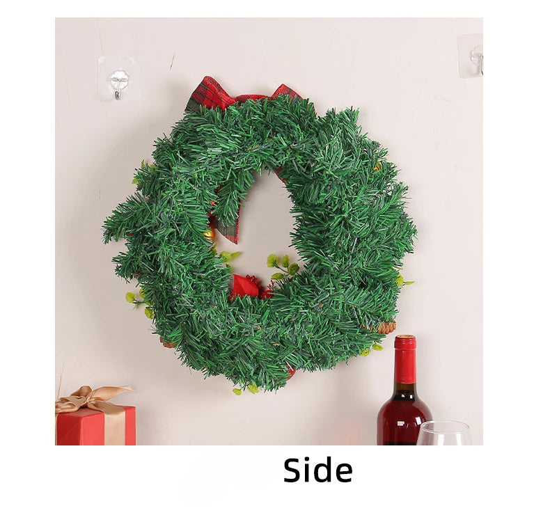 Guirlanda de Natal iluminada de 37,5 cm com grande laço xadrez de búfalo, pinhas e frutas