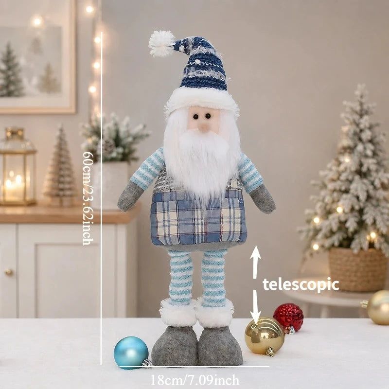 Boneco de Papai Noel Azul Decoração de Natal em Tecido Xadrez Azul com Papai Noel