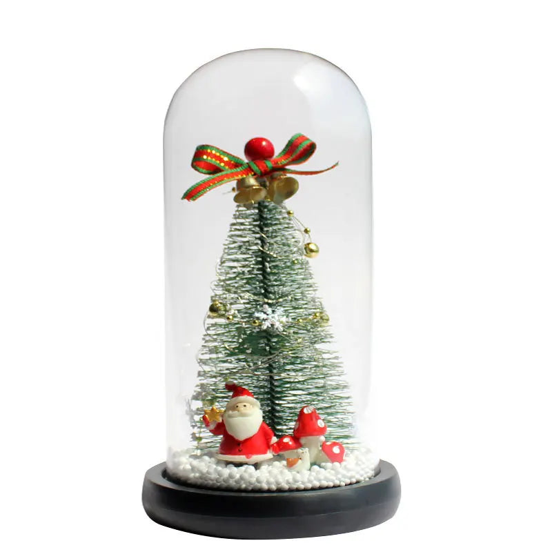 Mini Árvores de Natal Decoradas com Luzes LED em Cúpulas Vidro (Cápsulas Eternas), Posicionadas Base Clara