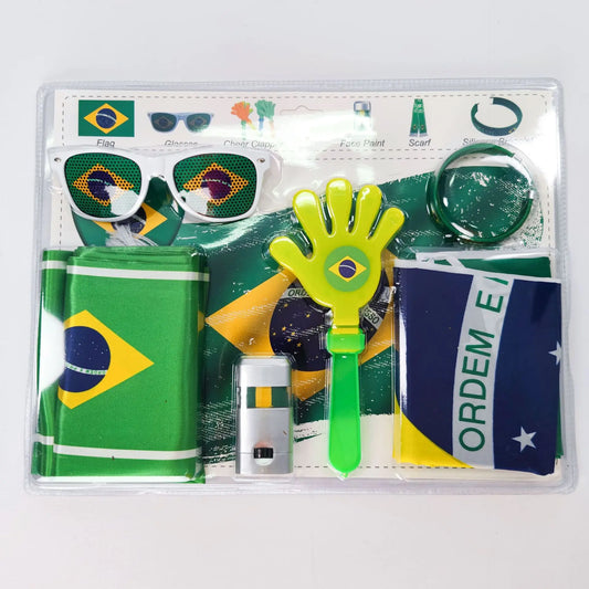 Kit Torcida Brasil 6 peças Bandeira, Pintura Facial, Bastão, Trompete, Pistola, Brasileiro