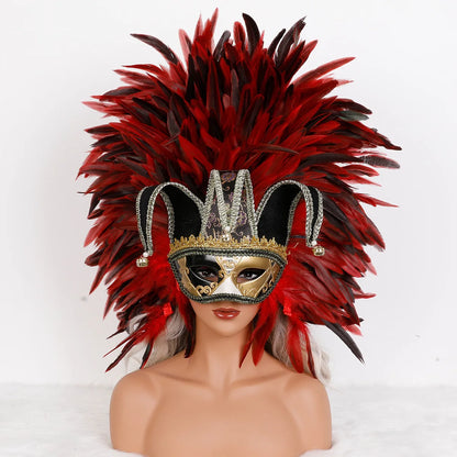 Máscara Veneziana Arlequim com Penacho de Plumas Pretas (Máscara de Bobo da Corte / Carnaval Veneziano)