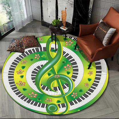 Tapete Redondo Antiderrapante com Estampa Colorida Teclas de Piano e Símbolos 150cm