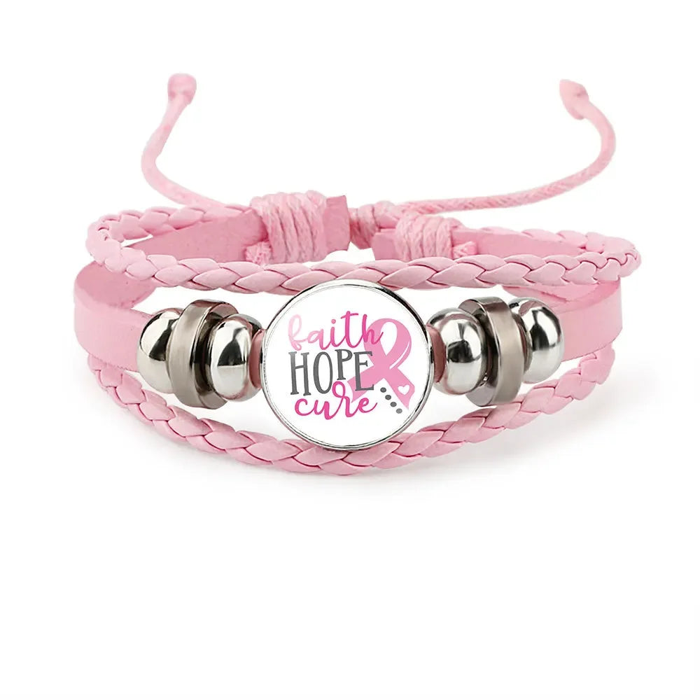 Pulseiras para mulheres, câncer de mama fita rosa pulseira de corda de amor