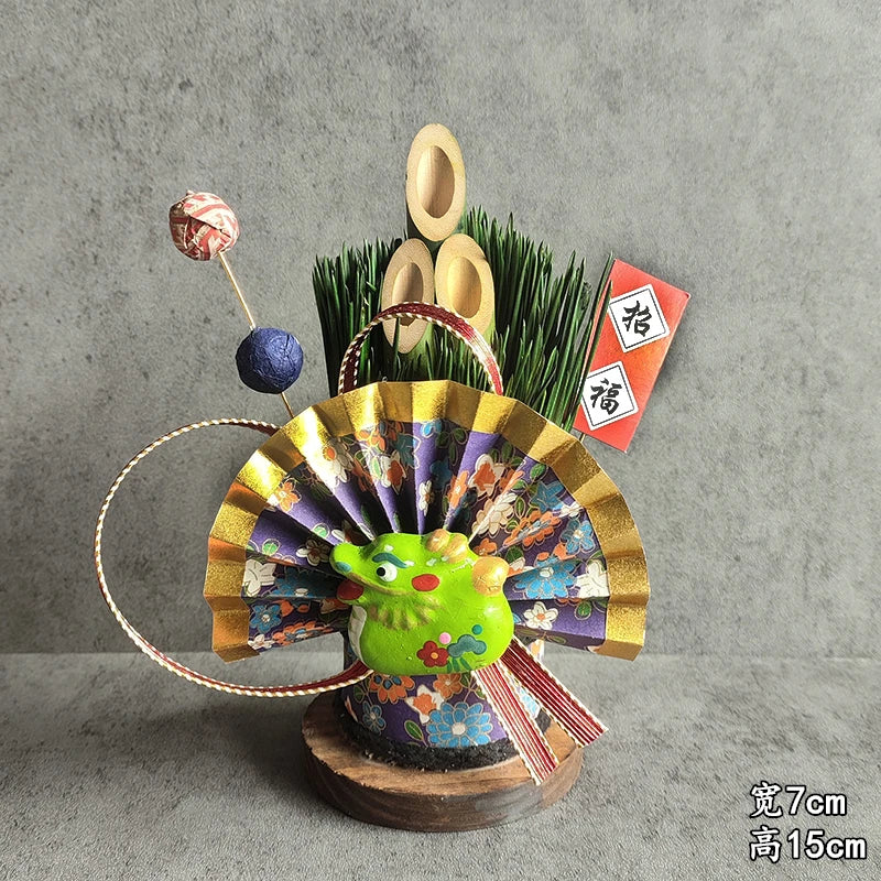 Vaso Três Tubos Leque Dourado com Placa de Madeira, Adorno de Mesa de Ano Novo Japonês (Kadomatsu)