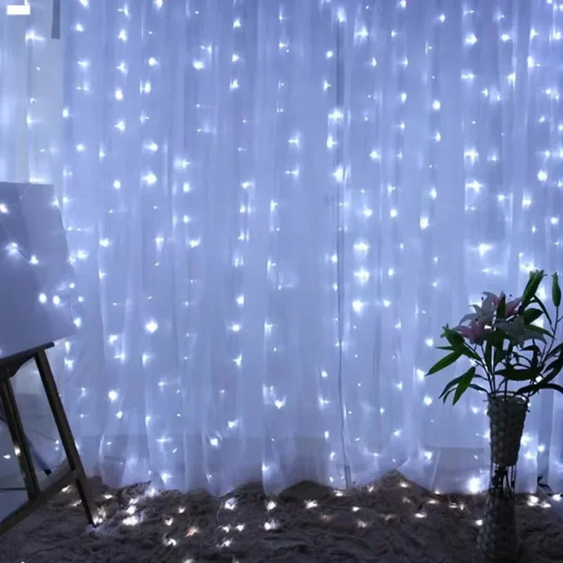 Cortina luz led pisca ou fixa 300 leds 3x3m Natal Festas Decorações USB  (Branco frio)