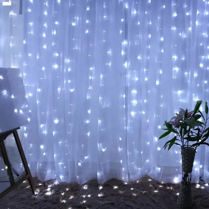 Cortina luz led pisca ou fixa 300 leds 3x3m Natal Festas Decorações USB  (Branco frio)