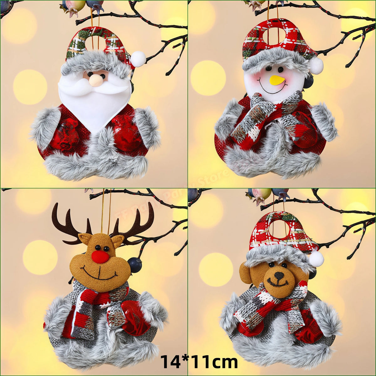 Kits Enfeites Natal Pelúcia Papai Noel e Neve Rena e Urso com Roupinha Verde e Vermelho