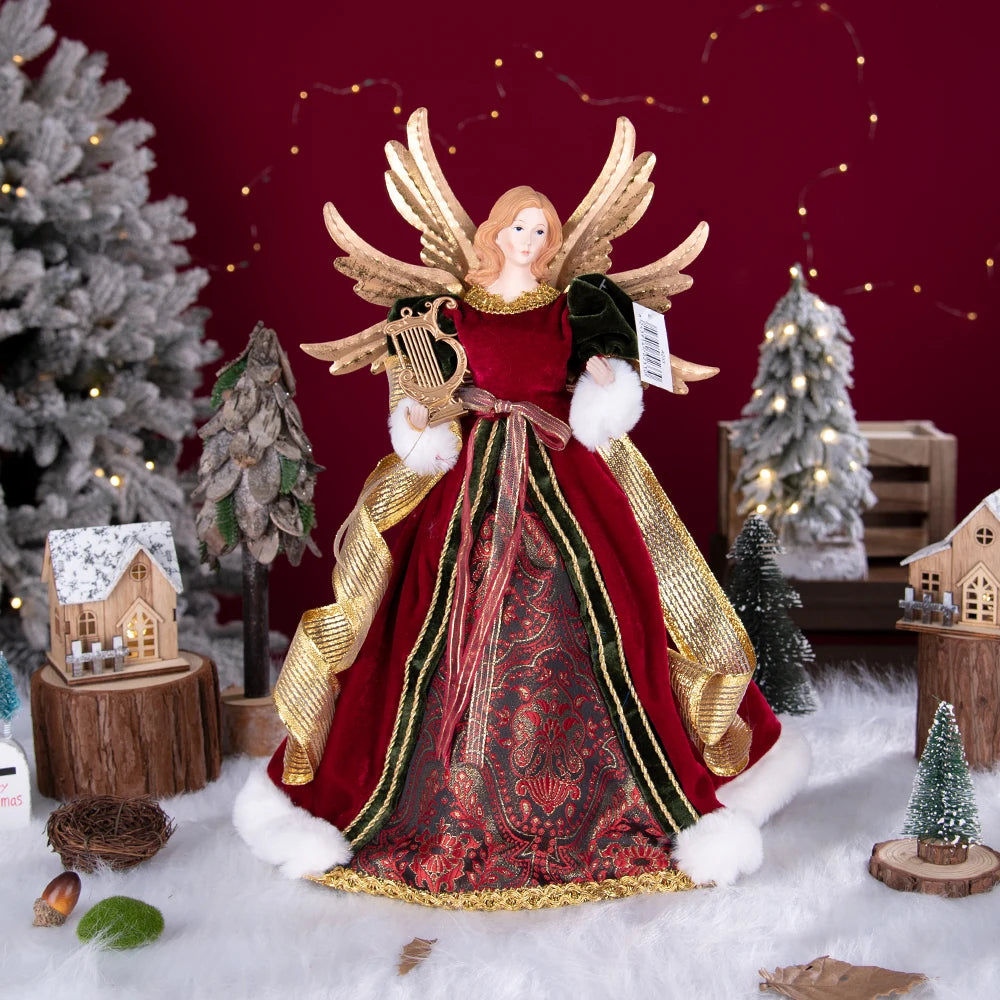 Enfeite de árvore de anjo de Natal asas douradas, elegante estatueta anjo vestido verde