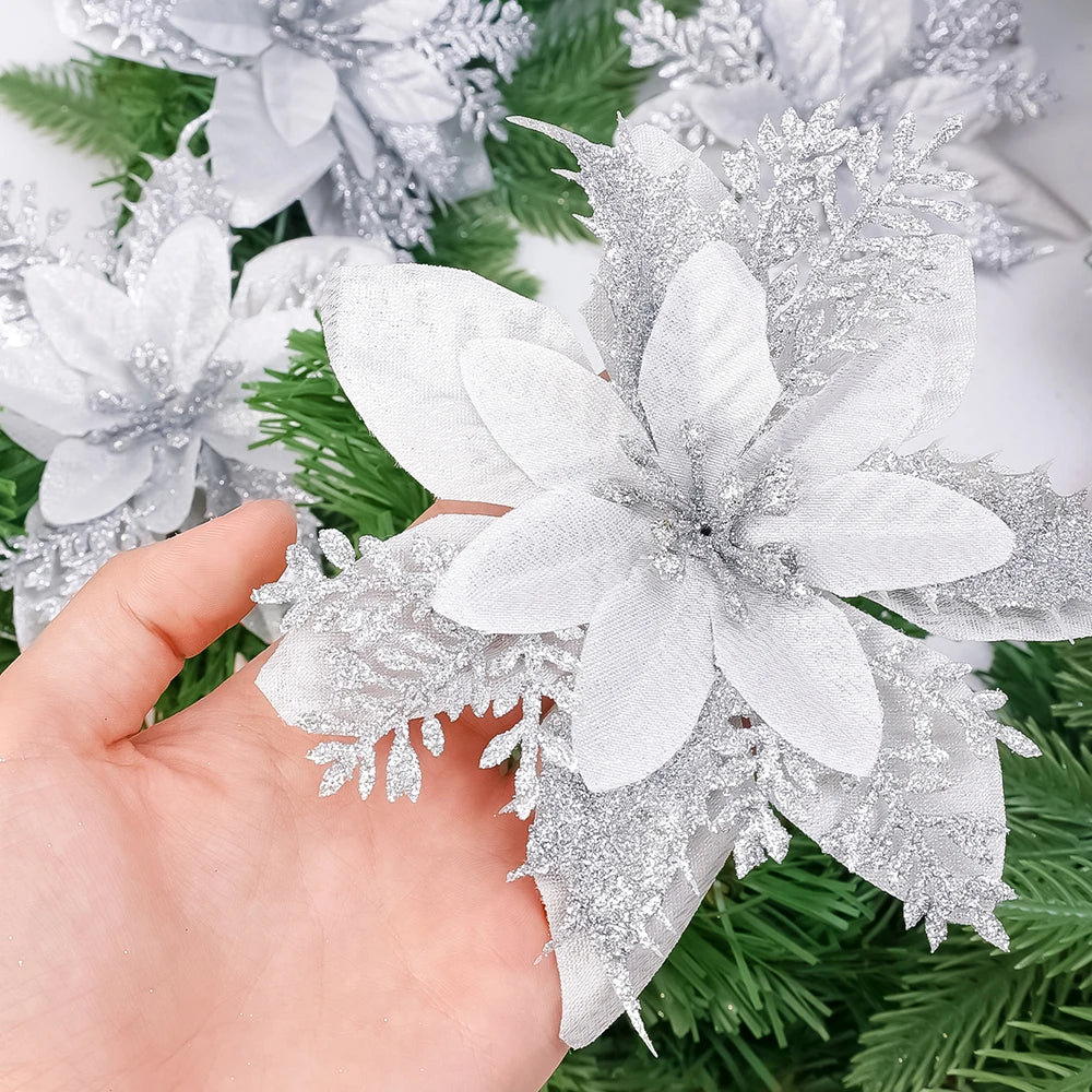 Flor Vermelha Natalina com Glitter  Flores Natal Artificiais Glitter de 14 cm, 5/10/20/50 Peças