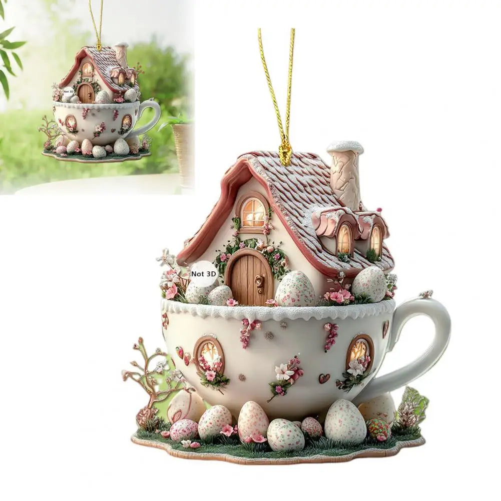 Enfeites de Páscoa de acrílico, pingente de ovo de Páscoa de casa de xícara de café