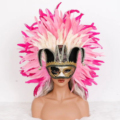 Máscara Veneziana Arlequim com Penacho de Plumas Pretas (Máscara de Bobo da Corte / Carnaval Veneziano)