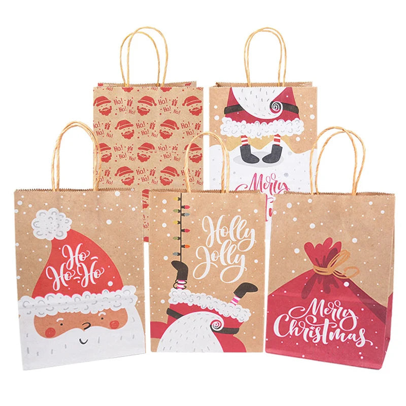 Kit de Sacolas Kraft para Embalagem e Presente - Estampa de Natal - 5 unidades -Natalina