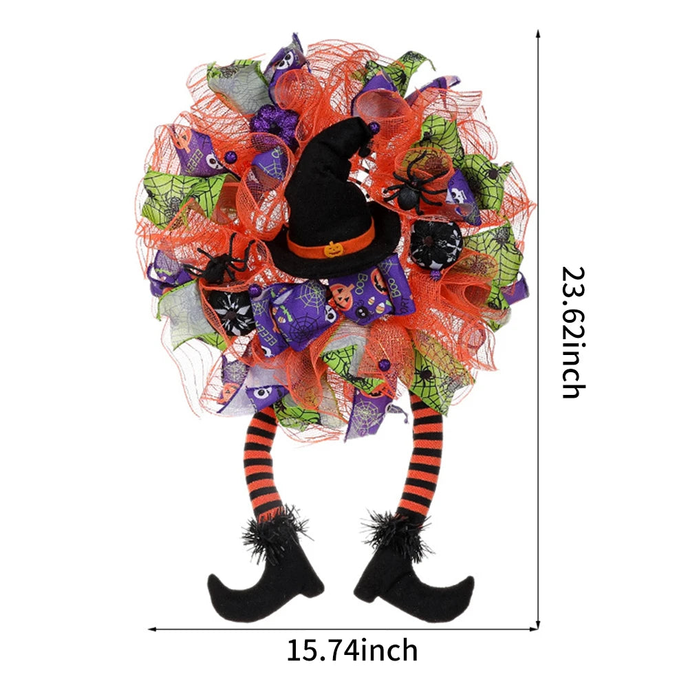 Guirlanda de Halloween de bruxa feliz, decoração de porta de abóbora com pernas