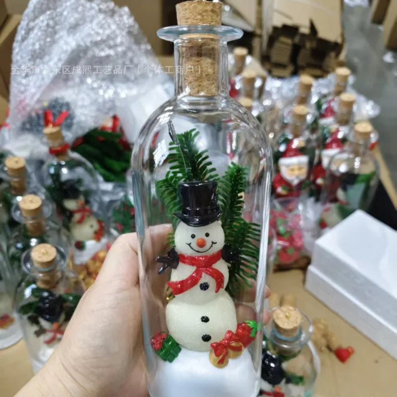 Enfeites de Natal Luminosos em Formato de Garrafa de Vidro com Miniaturas de Árvore de Natal e Papai Noel