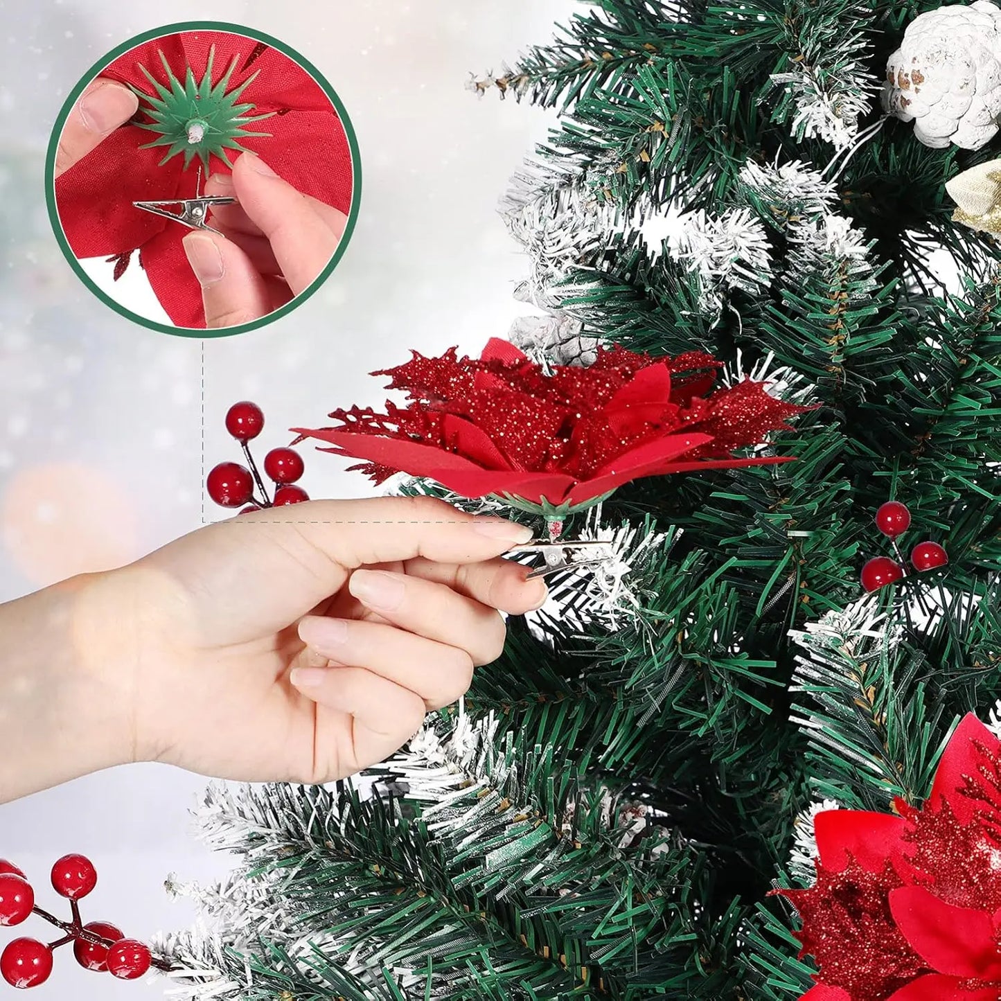 Flores Natal Glitter Artificial 5/10/20/30 peças de Poinsétia de Flores de Natal e Purpurina