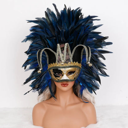 Máscara Veneziana Arlequim com Penacho de Plumas Pretas (Máscara de Bobo da Corte / Carnaval Veneziano)