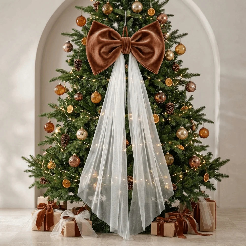 Laço de Veludo com Cauda Longa em Tule/Organza, Ornamento para Árvore de Natal e Shopping