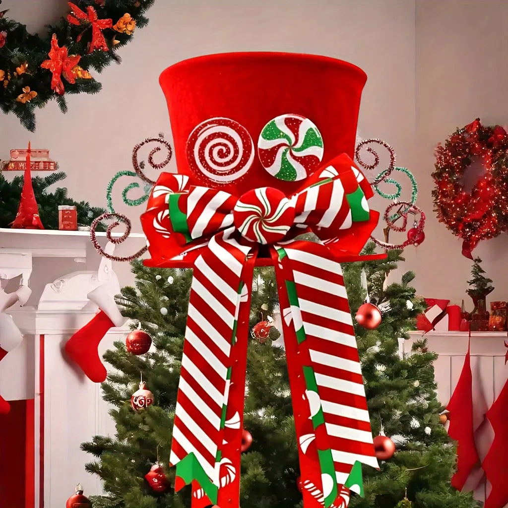 Ponteira Decorativa Árvore de Natal, Enfeite de Árvore Natalina Chapéu Vermelho com Bengalas