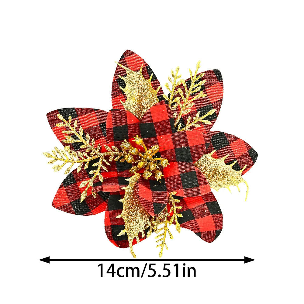 Flor de Poinsétia Artificial Xadrez para decoração de Natal, Tamanho: Cerca de 14 cm a 14,5 cm de largura.