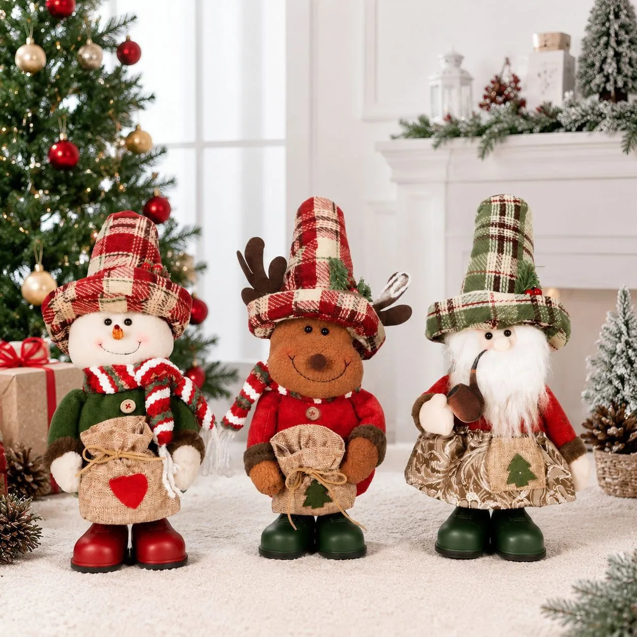 Boneco Ornamentos de Boneco Pelúcia Natal Papai Noel Sentado Boneco de Neve e Alce