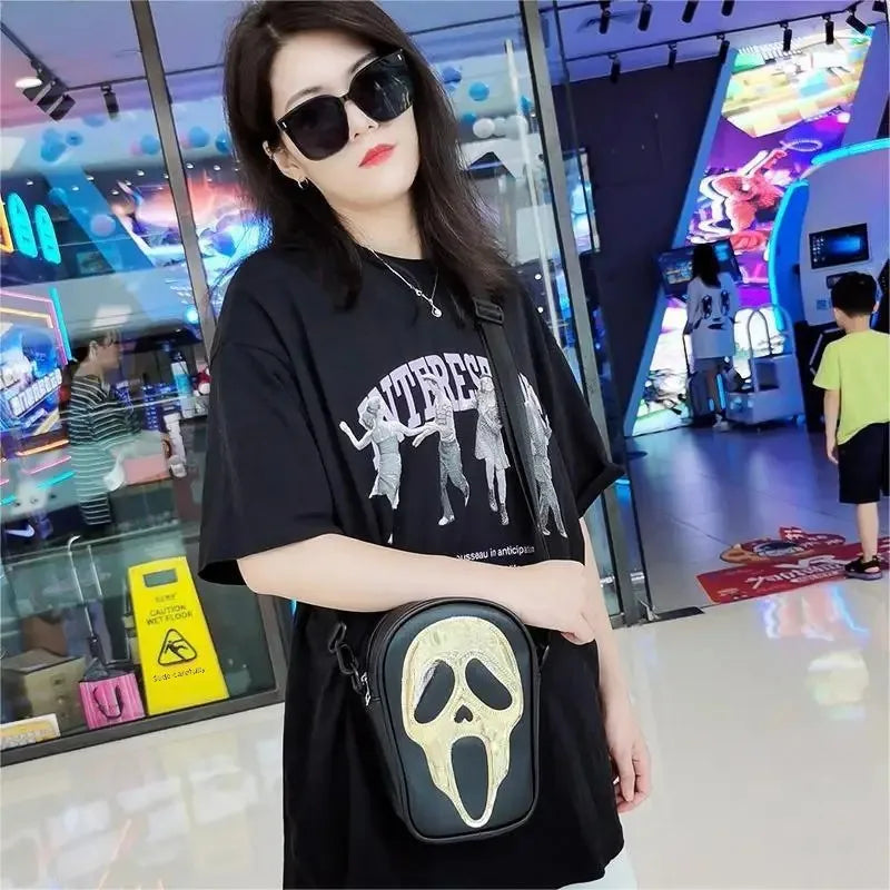 Bolsa transversal com rosto de fantasma refletivo de Halloween para mulheres e homens