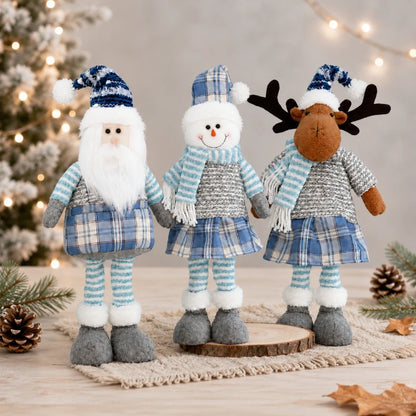 Boneco de Papai Noel Azul Decoração de Natal em Tecido Xadrez Azul com Papai Noel