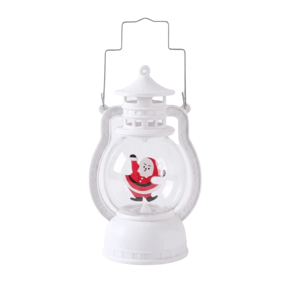 Lanterna Decorativa de Natal Vermelha Estilo Lamparina, com a Figura do Papai Noel no Interior e Iluminação LED