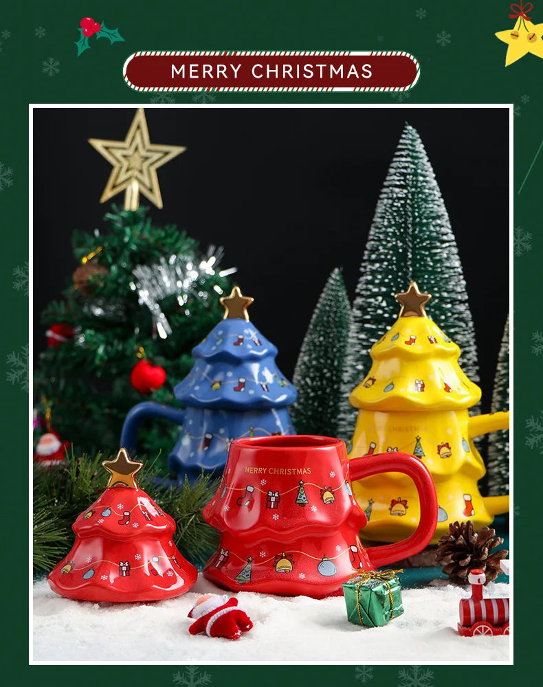 Canecas de Cerâmica em Formato de Árvore Natal Tampa e Detalhes Coloridos Capacidade/*401ml*500ml
