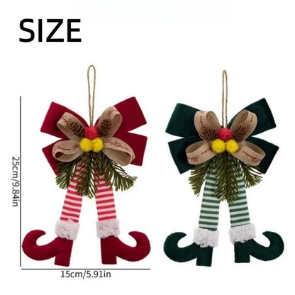 Enfeite Natalino de Pernas de Elfo com Laço e Pinha, Ideal para Pendurar em Árvores de Natal, Portas, Janelas