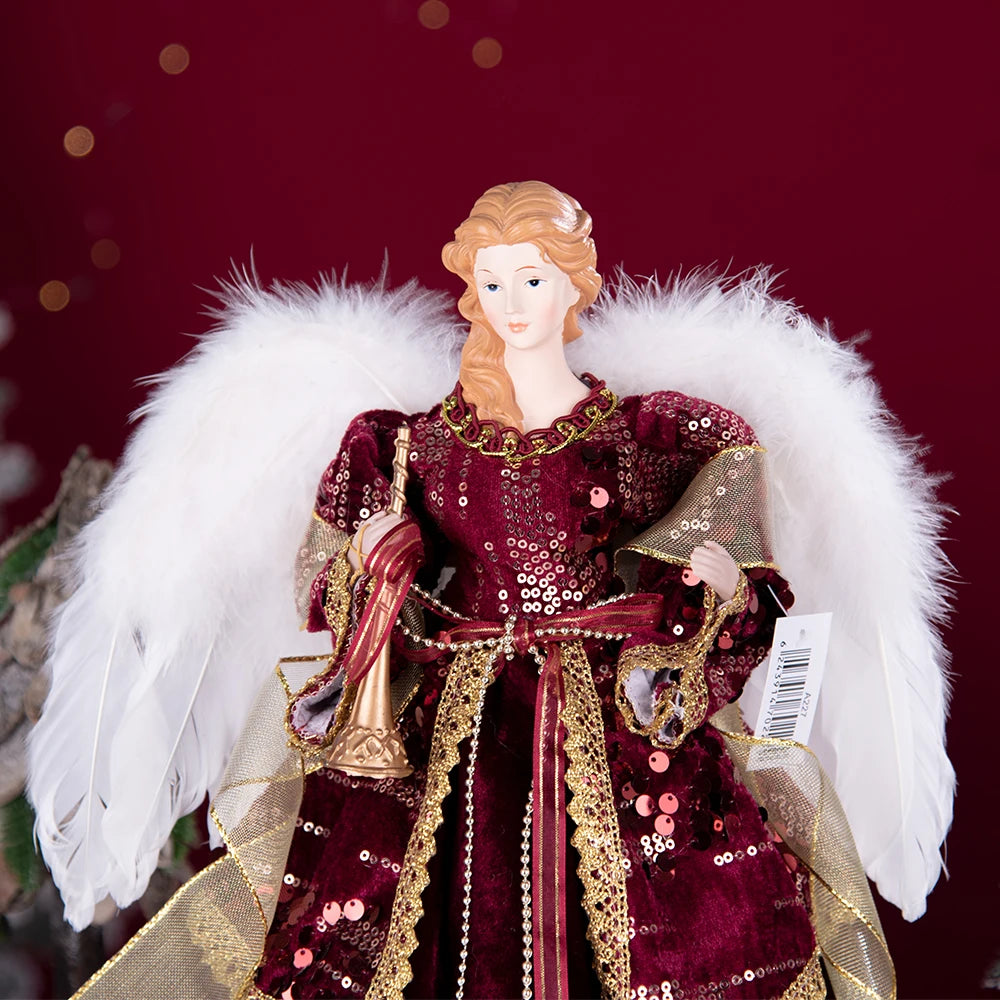 Enfeite de árvore de anjo de Natal asas douradas, elegante estatueta anjo vestido verde