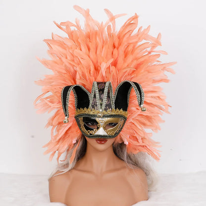 Máscara Veneziana Arlequim com Penacho de Plumas Pretas (Máscara de Bobo da Corte / Carnaval Veneziano)