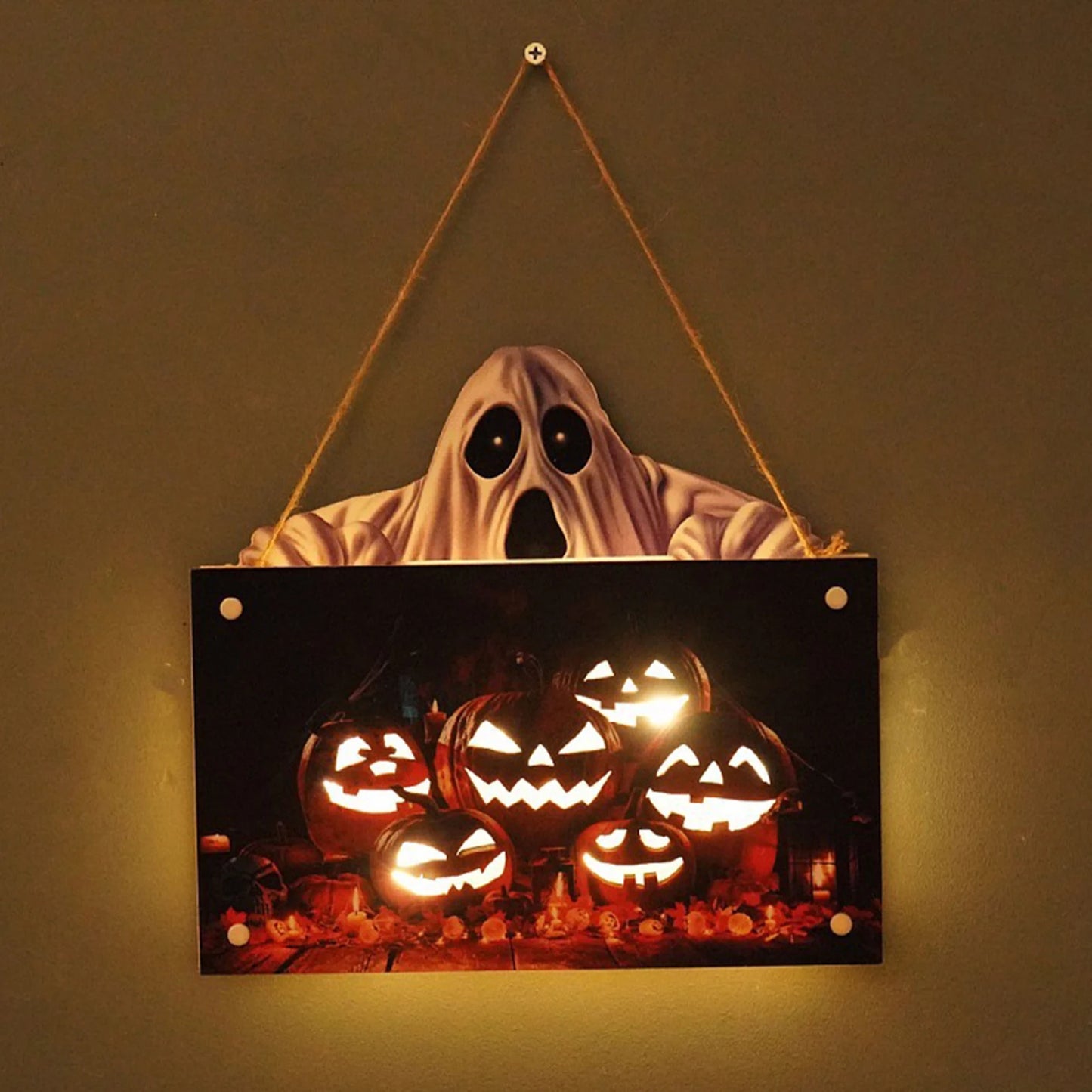 Decorações de placas de suspensão Happy Halloween, luz de LED, fantasma abóbora