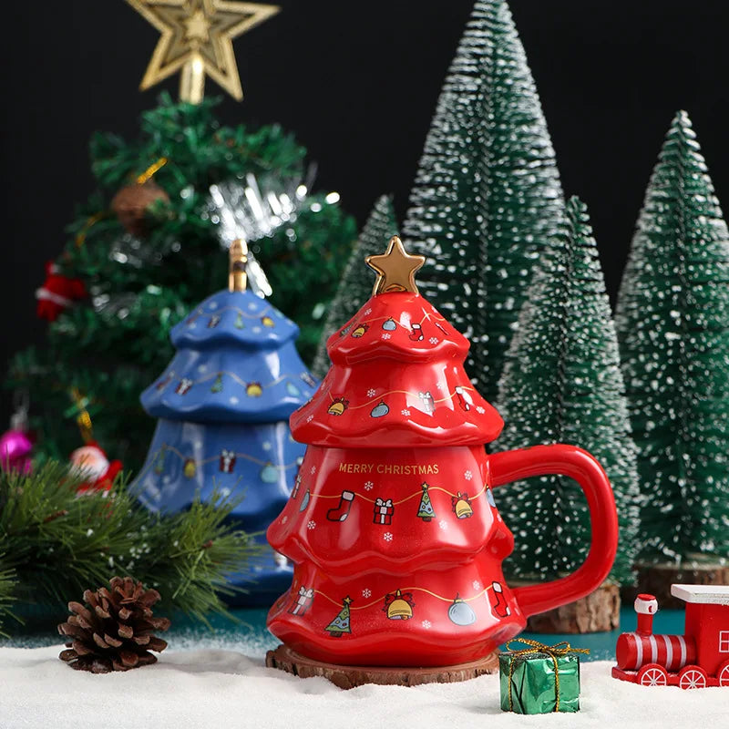 Canecas de Cerâmica em Formato de Árvore Natal Tampa e Detalhes Coloridos Capacidade/*401ml*500ml