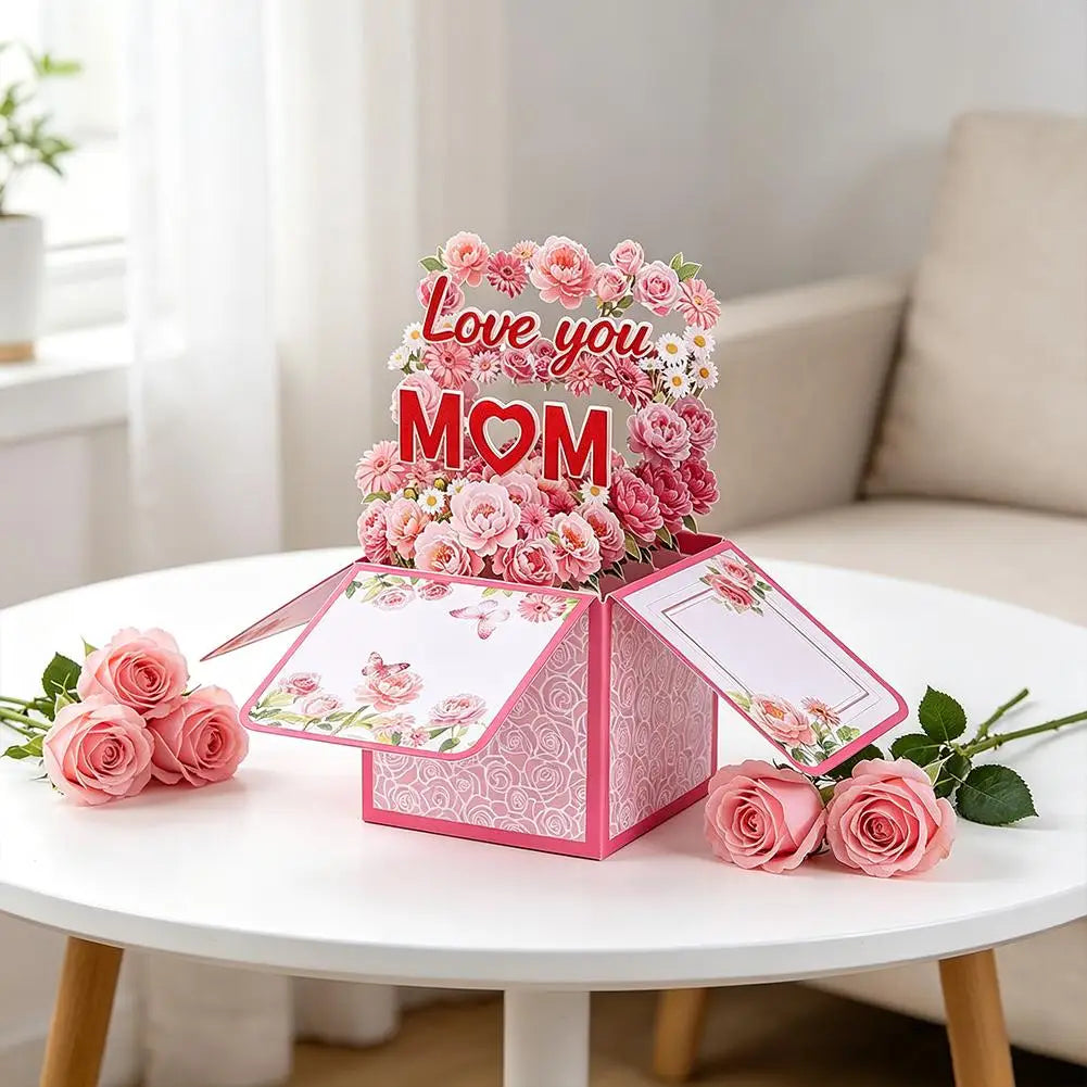 Cartão pop-up feliz Dia das Mães, buquê de flores 3D cartão comemorativo com envelope