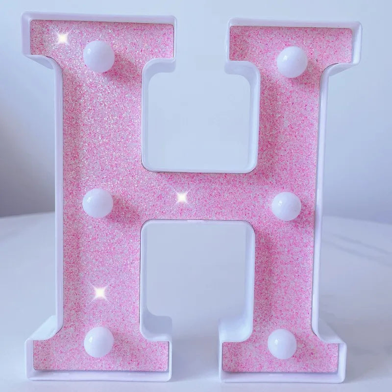 Letra de LED para letreiro de letreiro, letras rosa iluminadas com glitter alfabeto letrado