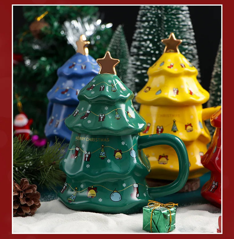 Canecas de Cerâmica em Formato de Árvore Natal Tampa e Detalhes Coloridos Capacidade/*401ml*500ml