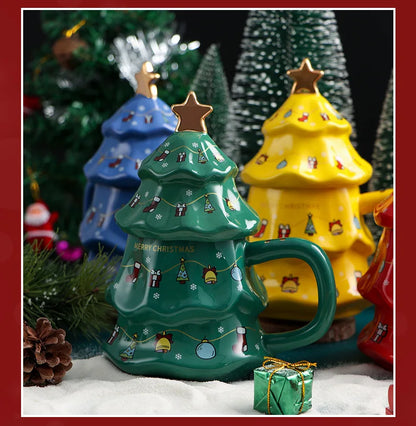 Canecas de Cerâmica em Formato de Árvore Natal Tampa e Detalhes Coloridos Capacidade/*401ml*500ml