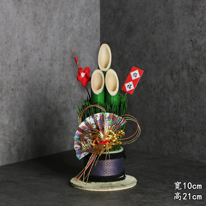 Vaso Três Tubos Leque Dourado com Placa de Madeira, Adorno de Mesa de Ano Novo Japonês (Kadomatsu)