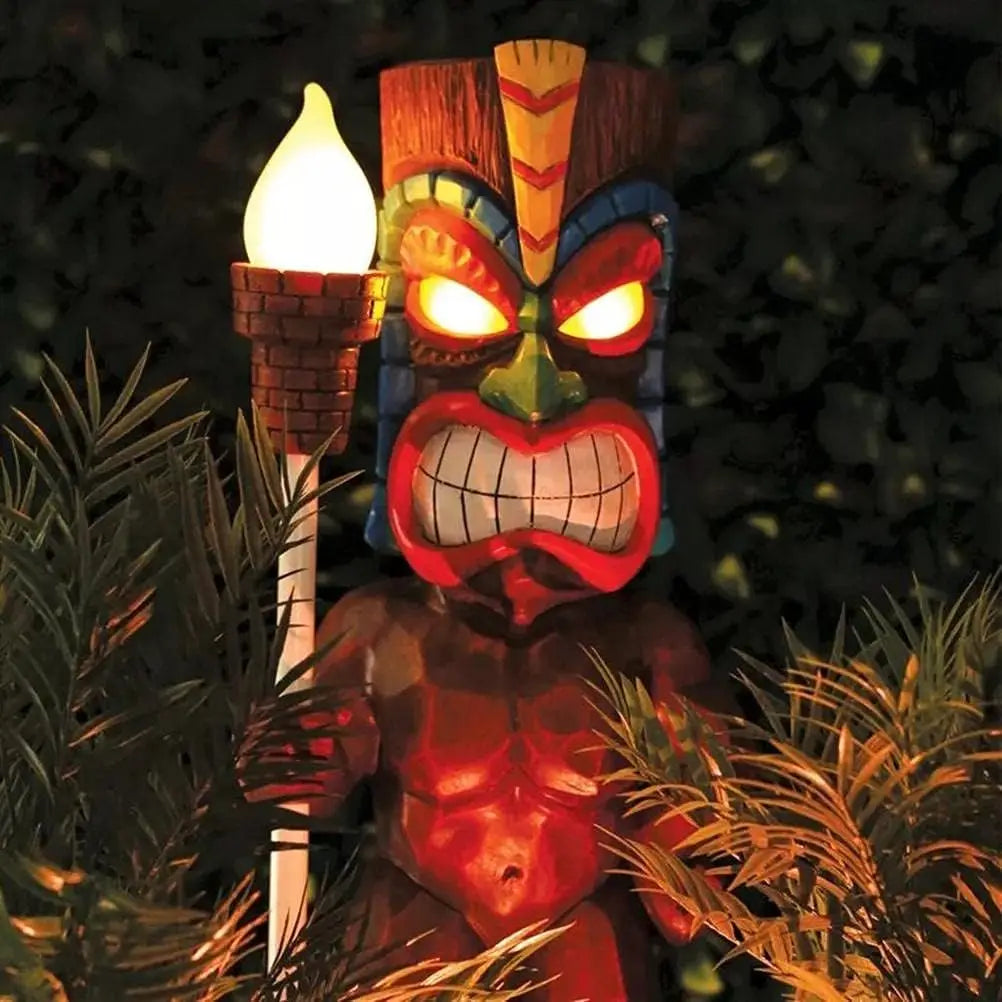 Estátua de jardim Tiki com decoração atualizada, estatueta Tiki de resina com luzes