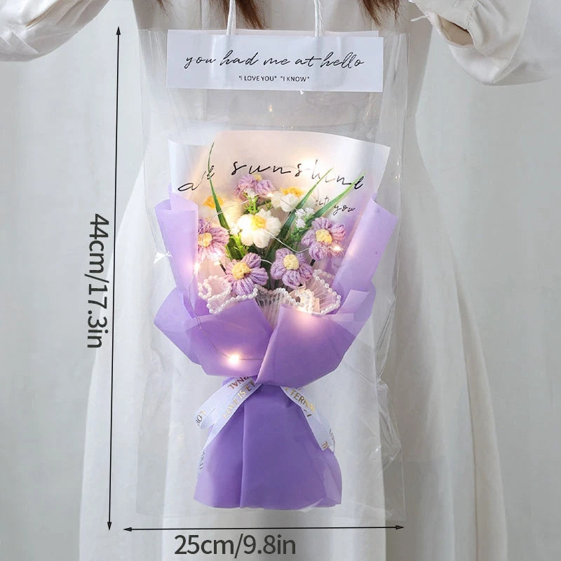 Kit completo de buquê de crochê de LED feito à mão, buquê de crochê, flor folhada falsa