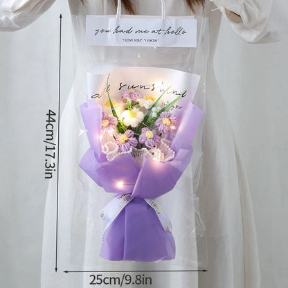 Kit completo de buquê de crochê de LED feito à mão, buquê de crochê, flor folhada falsa