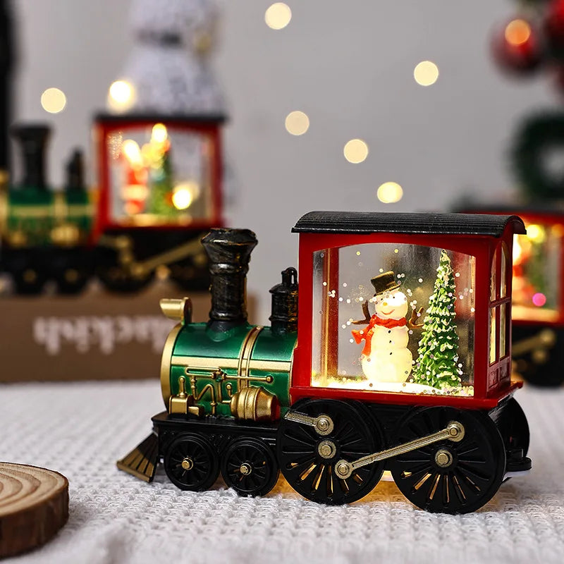 Trem de Natal iluminado, de neve requintado globo de neve estatueta de trem de Papai Noel