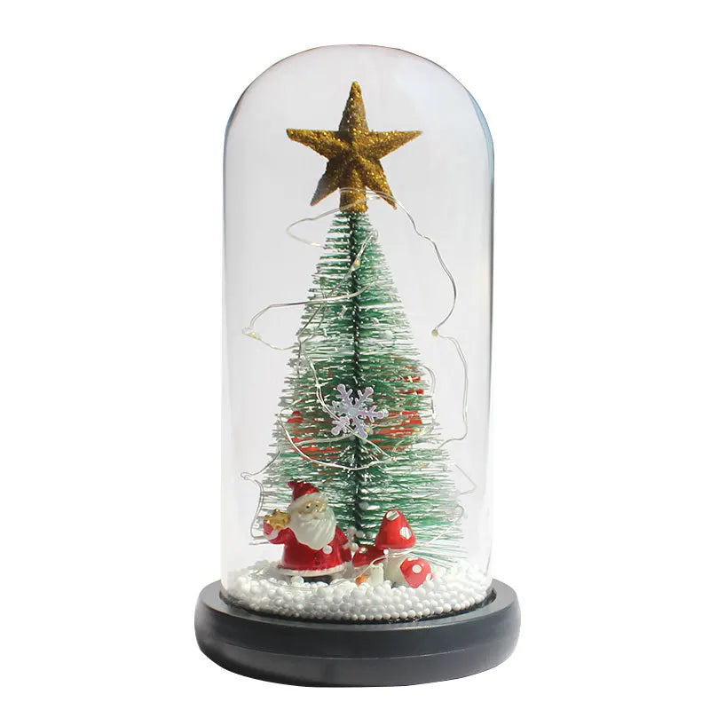 Mini Árvores de Natal Decoradas com Luzes LED em Cúpulas Vidro (Cápsulas Eternas), Posicionadas Base Clara