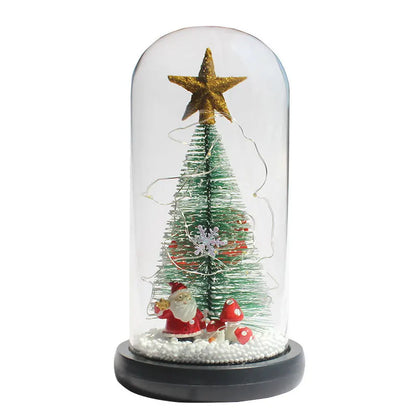 Mini Árvores de Natal Decoradas com Luzes LED em Cúpulas Vidro (Cápsulas Eternas), Posicionadas Base Clara