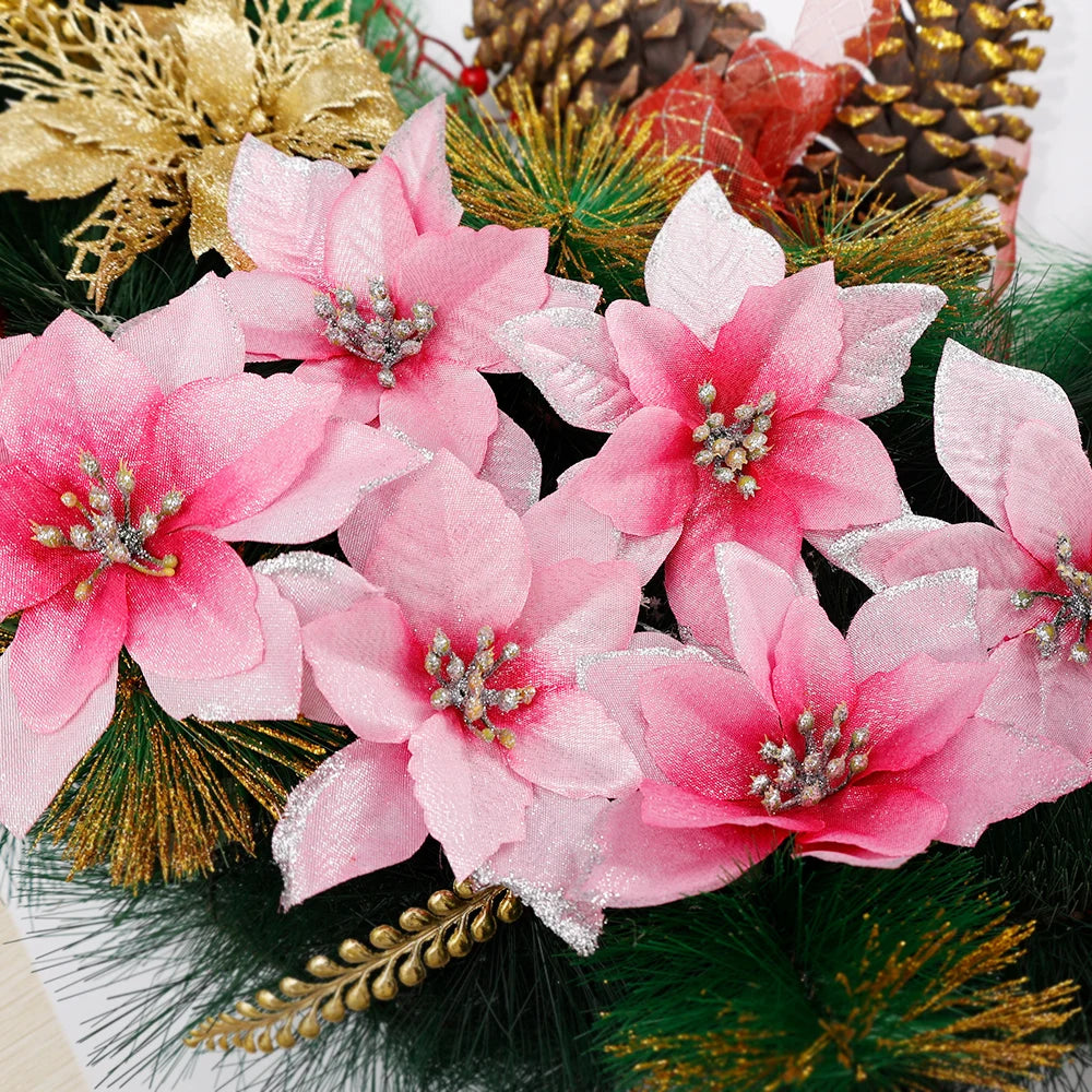 Flores Natal Glitter Artificial 10/100 peças de Enfeite de Árvore de Natal de Poinsétia Glitter