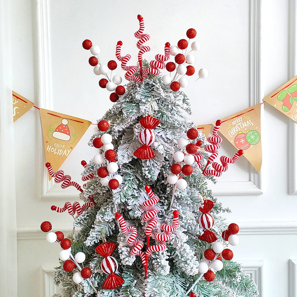 Buquê Bolas Listradas Natal, Palitos de Lã Vermelhos e Brancos, Lantejoulas para Árvore