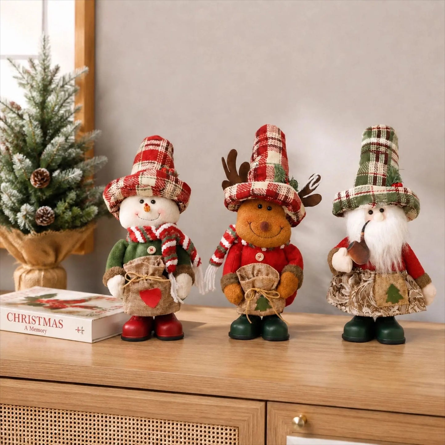 Boneco Ornamentos de Boneco Pelúcia Natal Papai Noel Sentado Boneco de Neve e Alce