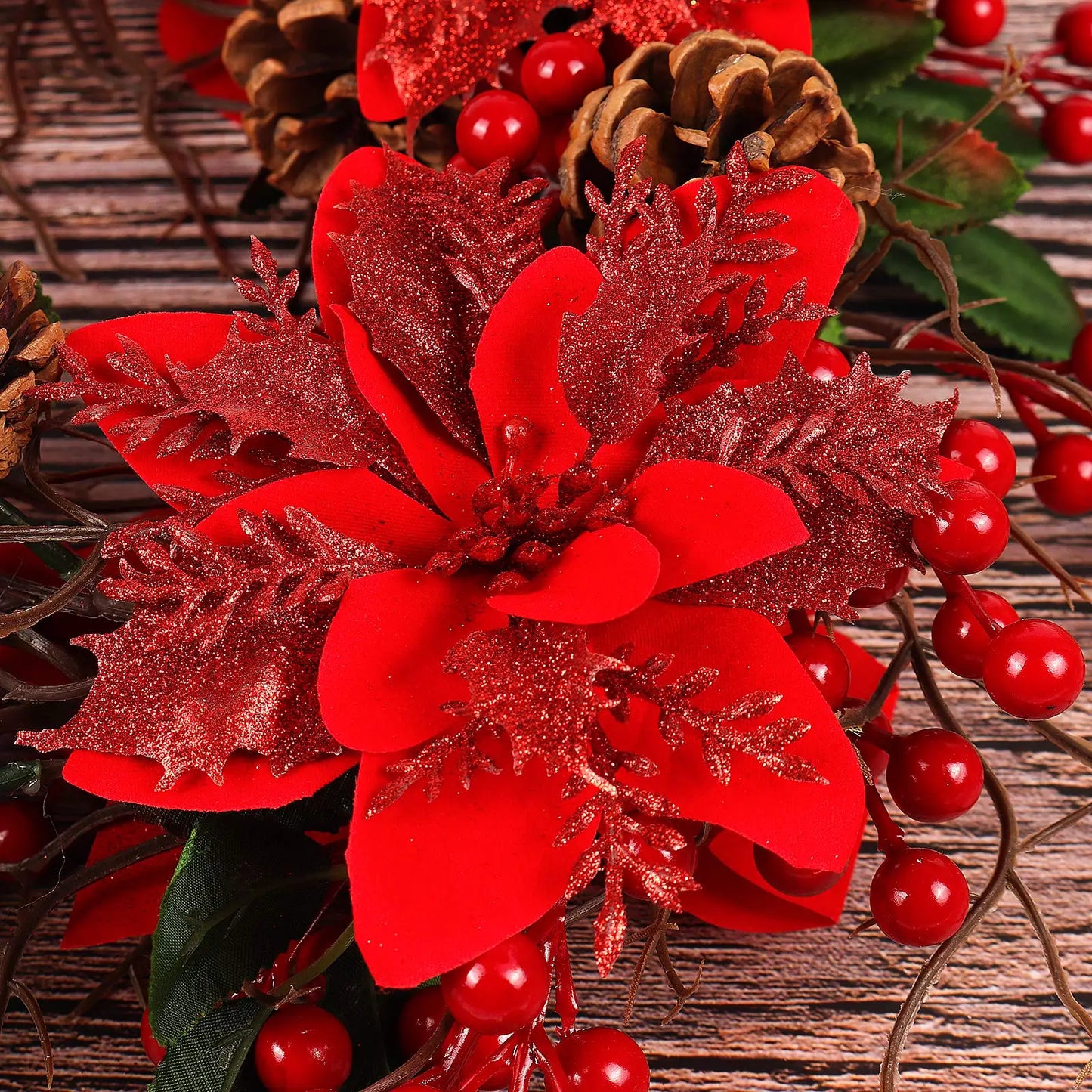 Flor Vermelha Natalina com Glitter  Flores Natal Artificiais Glitter de 14 cm, 5/10/20/50 Peças